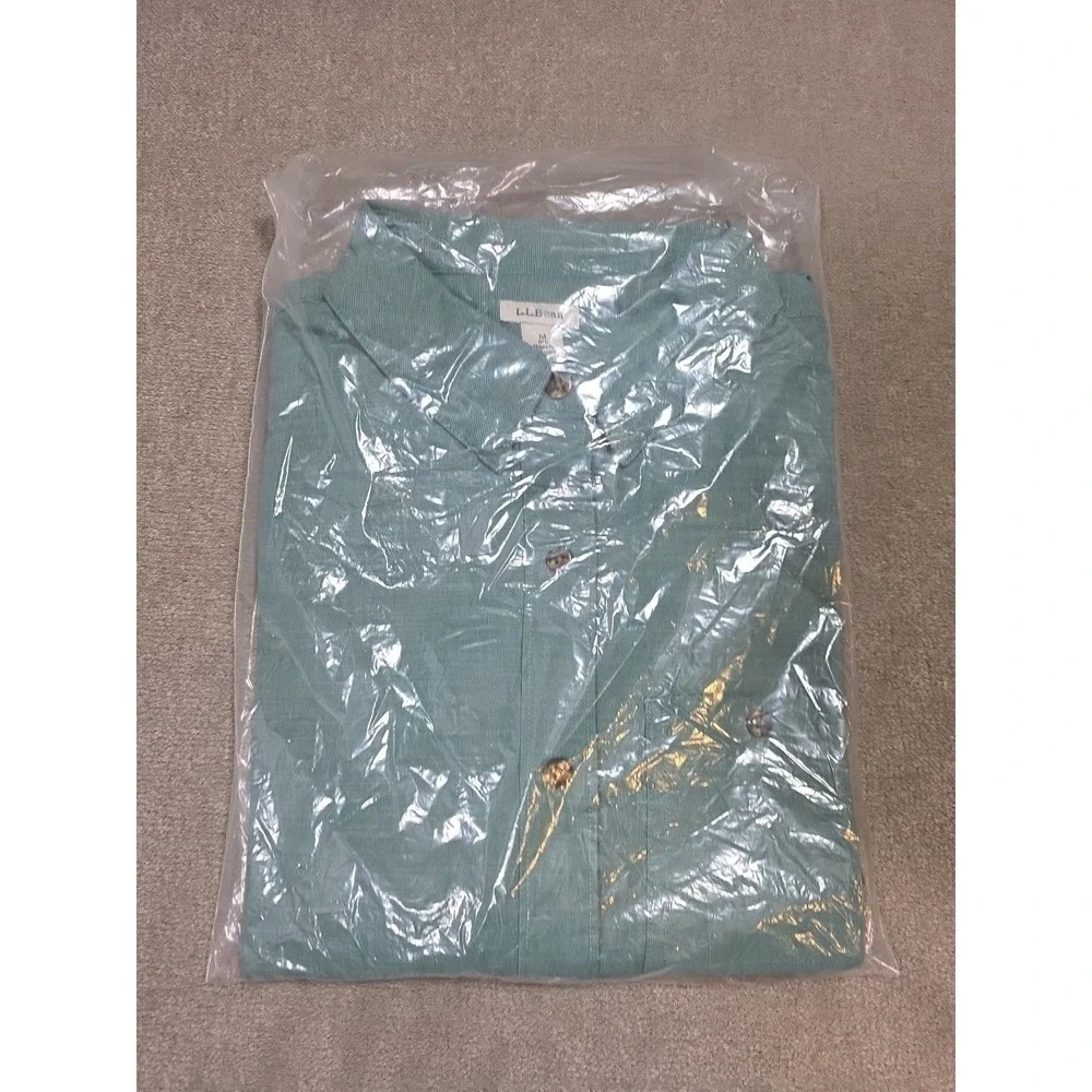 LL Bean Mens M Reg Green Cotton Stretch Button Up Shirt Long Sleeve New In Bag